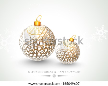 Merry Christmas celebration flyer, banner, poster or invitation with beautiful Xmas balls on snowflakes decorated grey background.