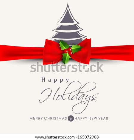 Happy Holidays Concept With Stylish Xmas Tree And Red Ribbon On Abstract Background.