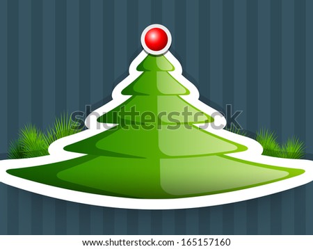 Merry Christmas celebration greeting card or invitation card with glossy xmas tree on vintage blue background.