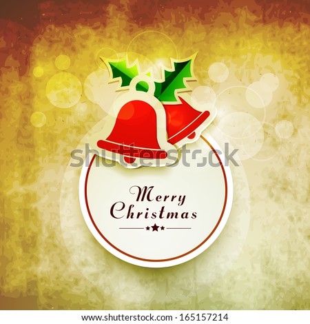 Merry Christmas celebration sticker, tag or label with stylish text and jingle bell on grungy background.
