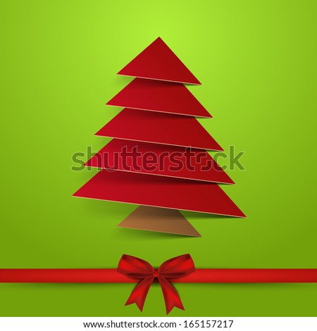 Merry Christmas celebration greeting card or invitation card with stylish Xmas tree in red color on green background with ribbon.
