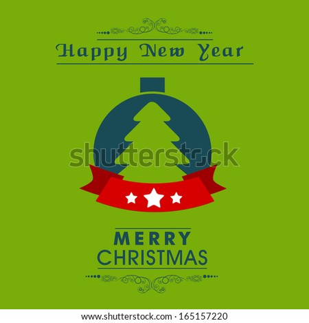 Merry Christmas celebration greeting card or invitation card with stylish Xmas tree on green background.