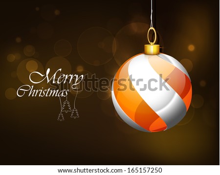 Merry Christmas celebration greeting card or invitation card with hanging glossy Xmas ball on shiny brown background.