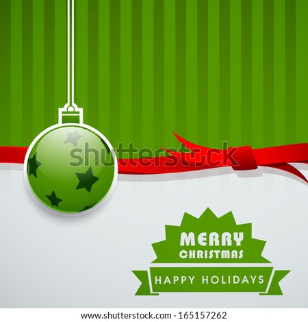 Merry Christmas celebration greeting card or invitation card with hanging decorated xmas ball on vintage green and grey background with red ribbon.