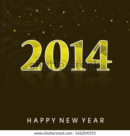 Happy New Year 2014 celebration flyer, banner, poster and invitation with shiny golden text on dark background.