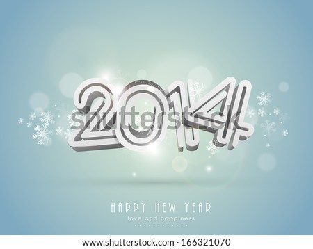 Happy New Year 2014 celebration flyer, banner, poster or invitation with stylish text on snowflakes decorated blue background.