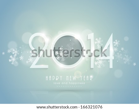 Happy New Year 2014 celebration flyer, banner, poster or invitation with stylish text on snowflakes decorated blue background.