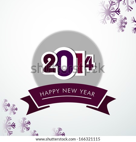 Happy New Year 2014 celebration flyer, banner, poster or invitation with stylish text on floral decorated grey background