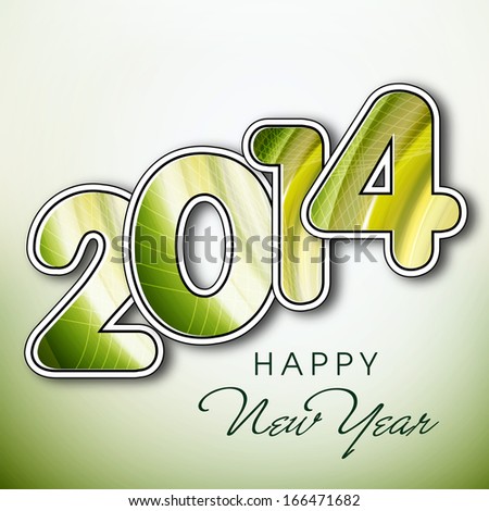 Happy New Year 2014 celebration flyer, banner, poster or invitation with shiny green text on grey and green background.
