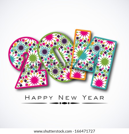 Happy New Year 2014 celebration flyer, banner, poster or invitation with floral decorated stylish text on grey background.
