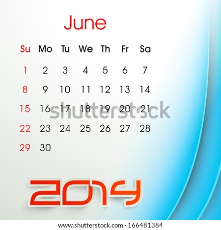 New Year 2014 June month calendar.
