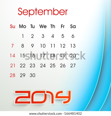 New Year 2014 September month calendar.