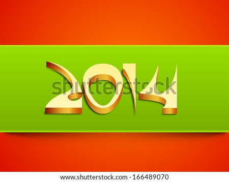 Happy New Year 2014 celebration flyer, banner, poster or invitation with golden text on green and red background.