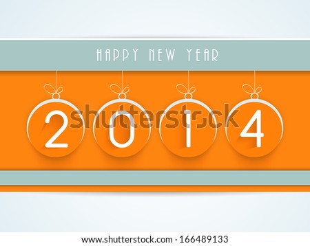 Happy New Year 2014 celebration flyer, banner, poster or invitation with stylish text on orange and green background.