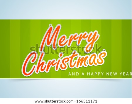 Merry Christmas celebration flyer, banner, poster or invitation with stylish text on green and blue background.