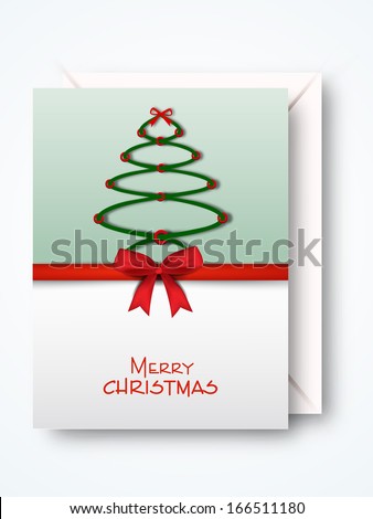 Merry Christmas celebration greeting card or invitation card with Xmas tree and red ribbon.