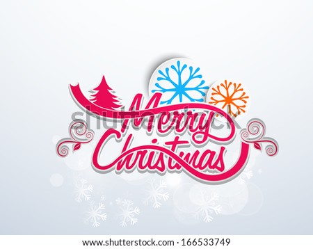 Merry Christmas and Happy New Year 2014 celebration flyer, banner or poster with stylish text and decorated snowflakes on grey background.