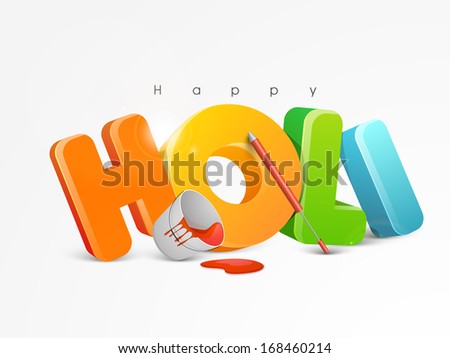 Indian color festival Holi background with stylish glossy text and buckets with full of colors and pichkari on grey background.