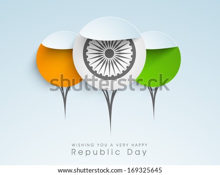 Happy Indian Republic Day concept with stickers in national flag colors with Ashoka Wheel on blue background.