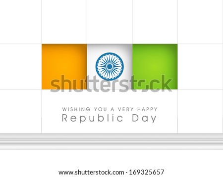 Happy Indian Republic Day concept with national flag colors stickers with Asoka wheel on grey background.