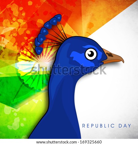 Happy Indian Republic Day concept with national bird peacock on national flag background.
