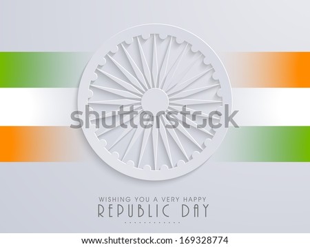 Happy Indian Republic Day concept with stylish Ashoka Wheel on national flag colors stripes background.