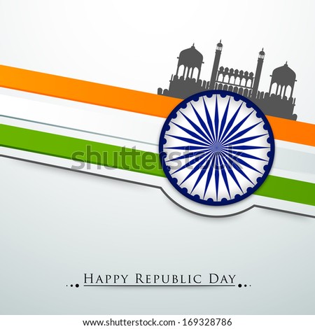 Happy Indian Republic Day Concept With Silhouette Of Red Fort On National Flag Colors Background With Ashoka Wheel.