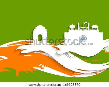 Happy Indian Republic Day concept with silhouette of India Gate, Red Fort on national flag color wave background.