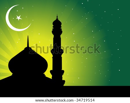 stock vector silhouette of mosques in over bright night sky wallpaper