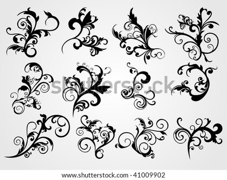 stock vector background with set of black floral tattoo