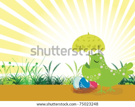 easter day concept background with cute bird, colorful egg in nest