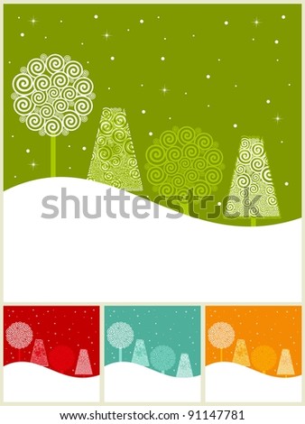 Vintage card set with holiday Christmas tree on colorful background for Christmas & other occasions.