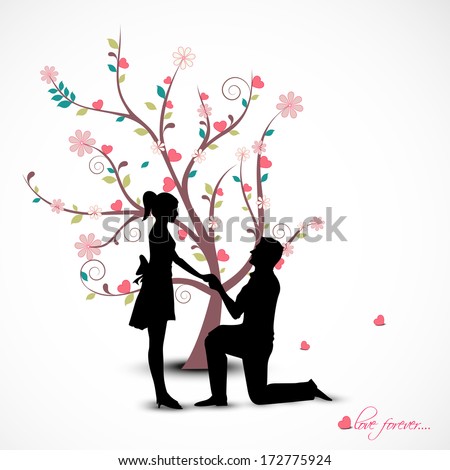 Happy Valentines Day concept with silhouette of young couple in love under love tree on grey background.