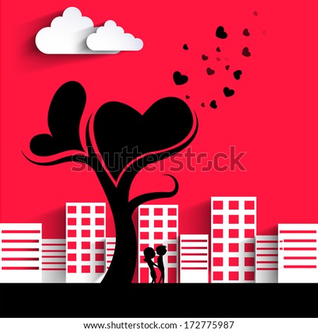 Creative concept for Happy Valentines Day with urban city and love tree on romantic pink background.