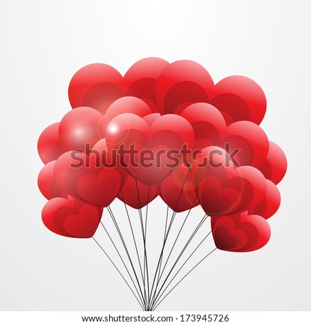 Happy Valentines Day celebration concept with red heart shape balloons on grey background, can be use as flyer, banner or poster.