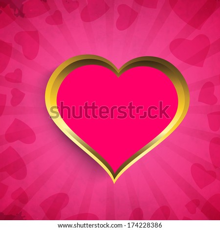 Happy Valentines Day celebration concept with golden heart shape design on rays decorated pink background, can be use as flyer, banner or poster.