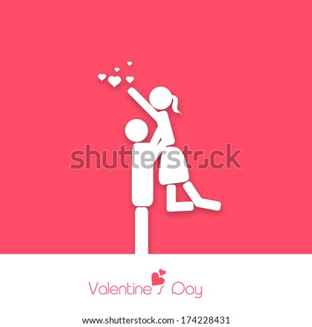 Happy Valentines Day celebrations greeting card with white silhouette of young couple in love on pink or white background.