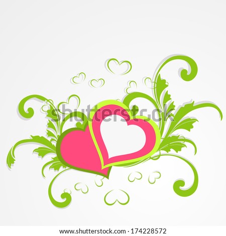Happy Valentines Day celebration greeting card design with pink heart shape design on green floral decorated background.