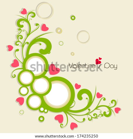 Happy Valentines Day celebration greeting card with beautiful floral design in green color with pink heart shape on brown background.