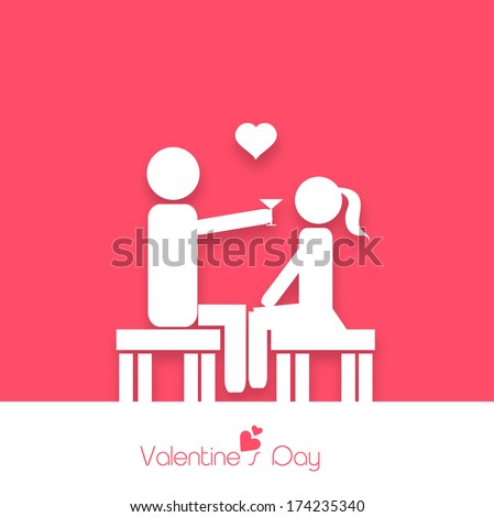 Happy Valentines Day celebration greeting card with white silhouette of young couple making love on pink and white background.