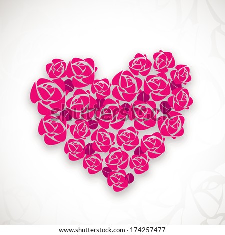 Happy Valentines Day celebration concept with beautiful heart shape design decorated with red roses on grey background.