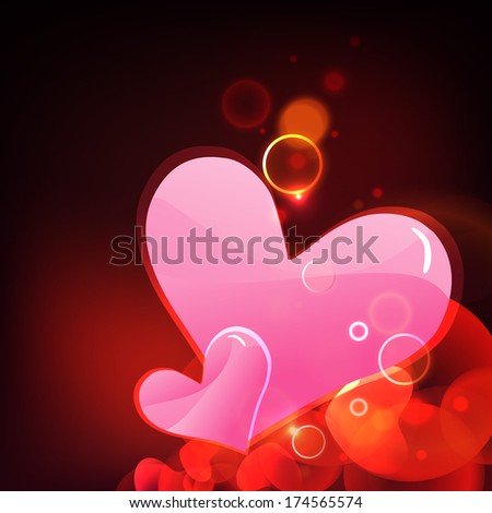 Happy Valentines Day celebration concept with glossy pink heart shape on shiny red background, can be use as flyer, banner or poster.