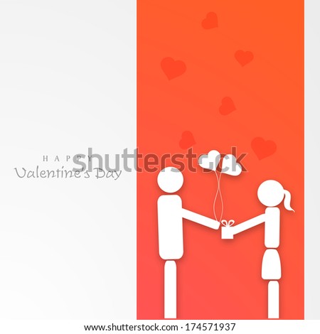 Happy Valentines Day celebration greeting card design with white silhouette of young couple on red and grey background.