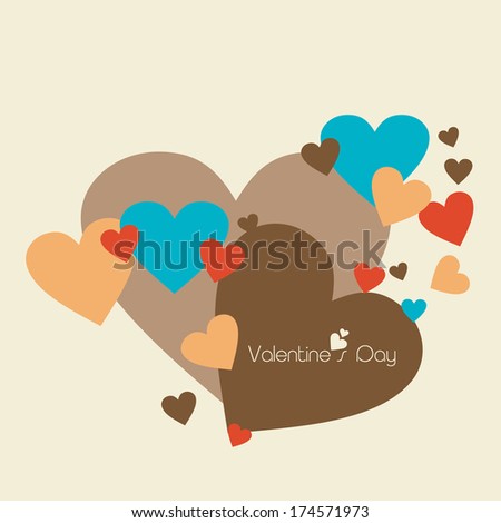 Happy Valentines Day celebration greeting card design with colorful heart shapes on brown background.