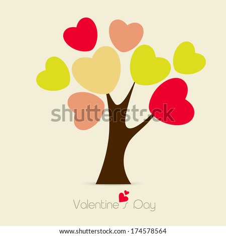 Happy Valentines Day celebration concept with love tree decorated by colorful hearts on brown background.
