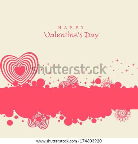 Happy Valentines Day celebration greeting card design with beautiful pink heart shape on pink and brown background.