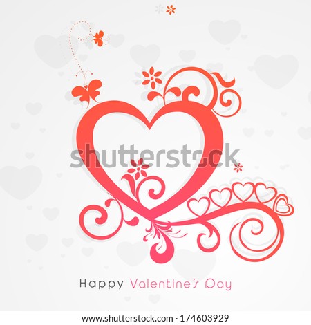 Happy Valentines Day celebration poster, banner or poster with pink heart shape on floral decorated on grey background.