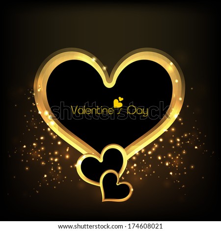 Happy Valentines Day celebrations greeting card with golden heart shape on bright brown background.