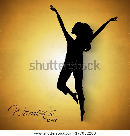 Happy Womens Day greeting card or poster design with black silhouette of a young girl in dancing pose on yellow background.