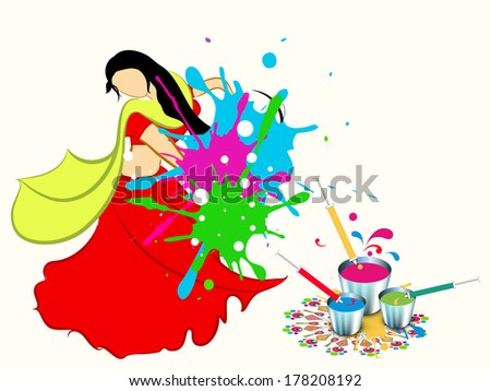 Indian festival Happy Holi celebrations concept with illustration of a young lady in tradition outfits playing colours on beautiful abstract background.